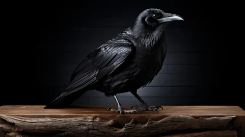 Black Raven on Wooden Table