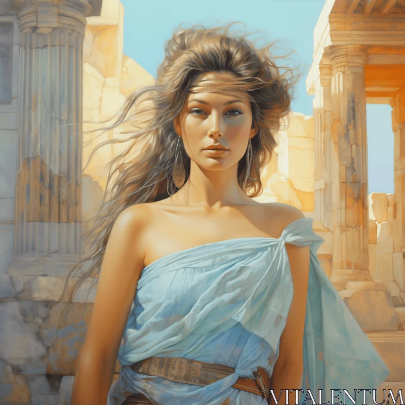 Enchanting Portrait of a Woman in a Blue Dress Surrounded by Romantic Ruins AI Image