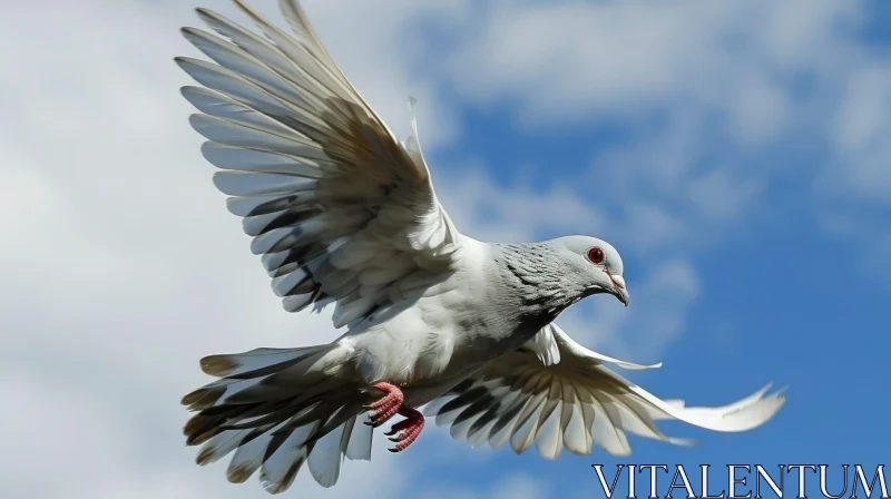 Majestic White Pigeon Flying in Blue Sky AI Image