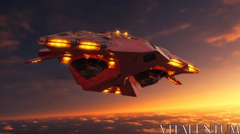 Red Spaceship Flying in Sky at Sunset AI Image