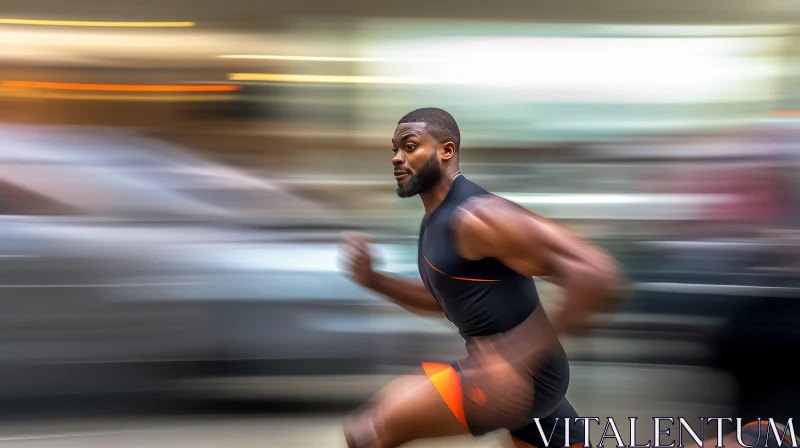 AI ART Urban Athlete: Determined African-American Man Running in City