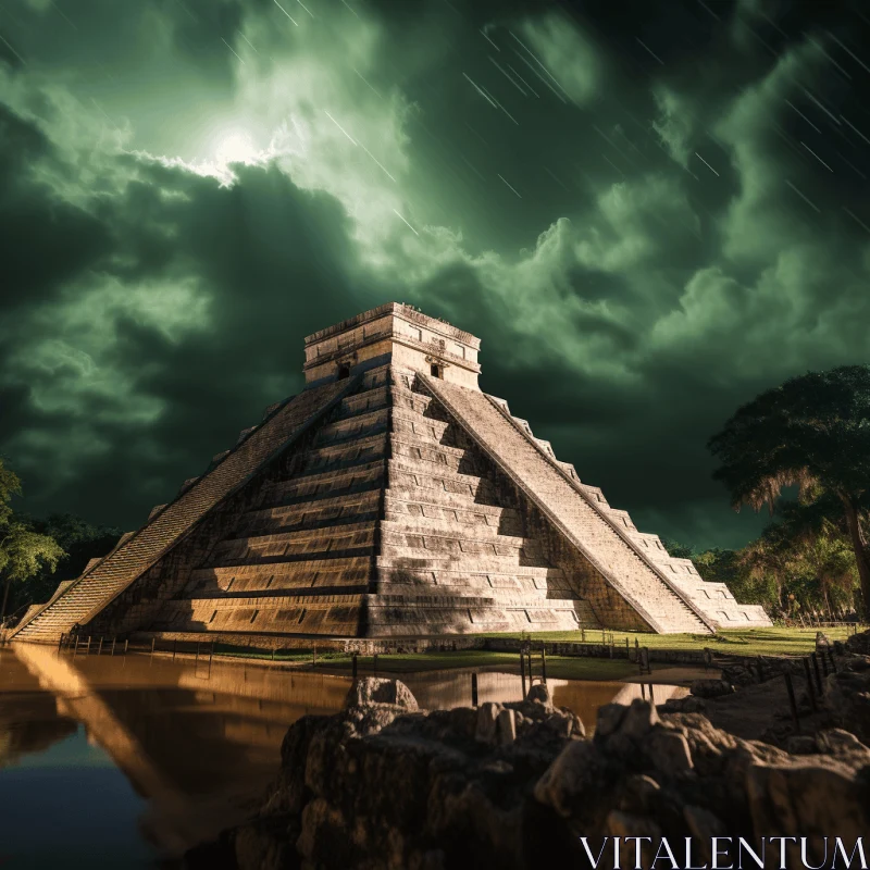 Captivating Mayan Art: Pyramid and Dramatic Cloudy Sky AI Image