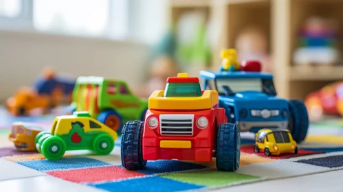 Colorful Toy Cars on Patterned Carpet