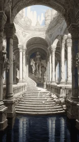 Majestic Marble Staircase Illustration | Renaissance Chiaroscuro Art