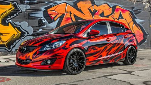 Red and Black Custom Painted Mazda 2 in Front of Graffiti Wall