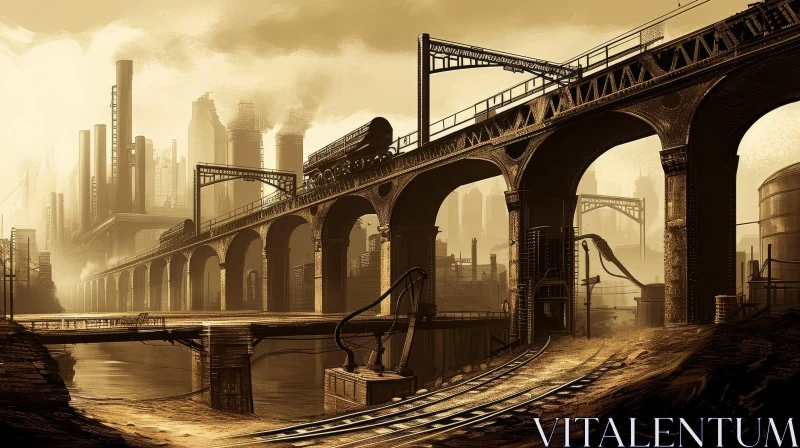 Sepia Steampunk Cityscape with Train and River AI Image