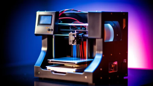 Black 3D Printer on Dark Blue Background | Internal Components Revealed