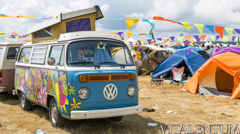 Colorful Volkswagen Bus in Field with People and Tents AI Image