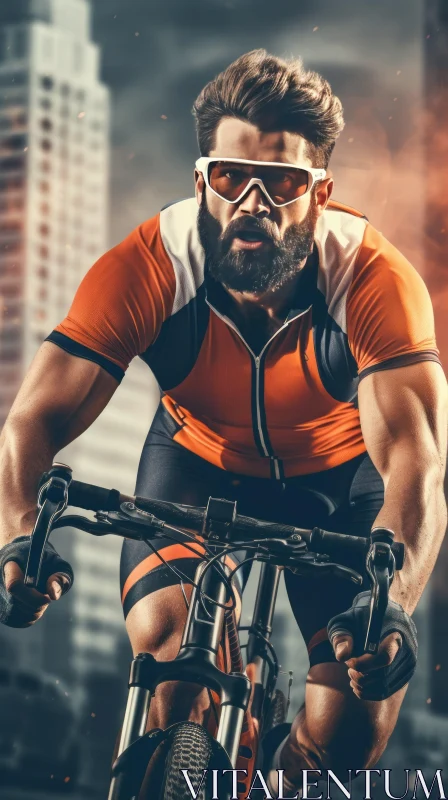 Determined Male Cyclist Riding in Urban Setting AI Image