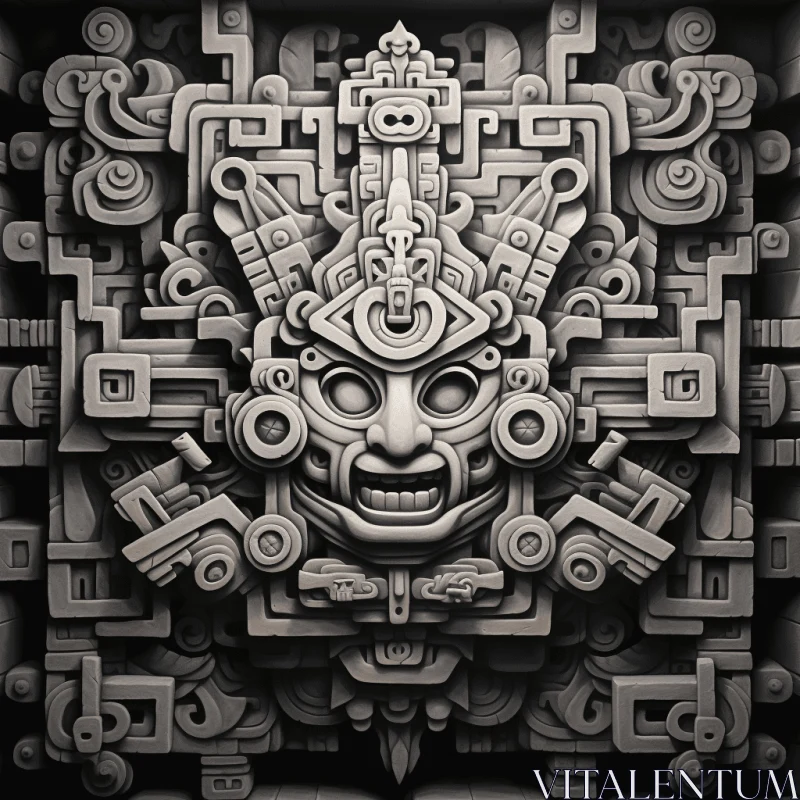 Intricate Aztec Stone Mask: Hyper-Detailed Surreal Art AI Image