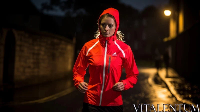 Night Rain Running: Young Woman in Red Hooded Jacket AI Image