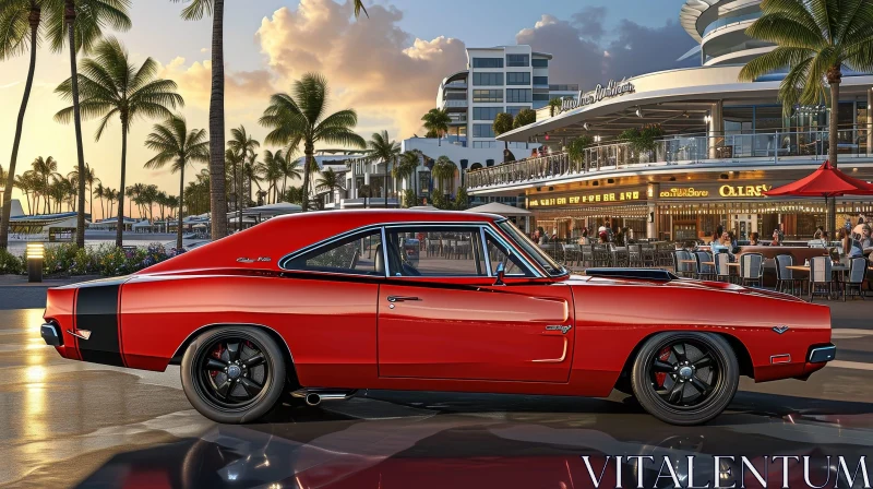 Red Dodge Charger in City Sunset Scene AI Image