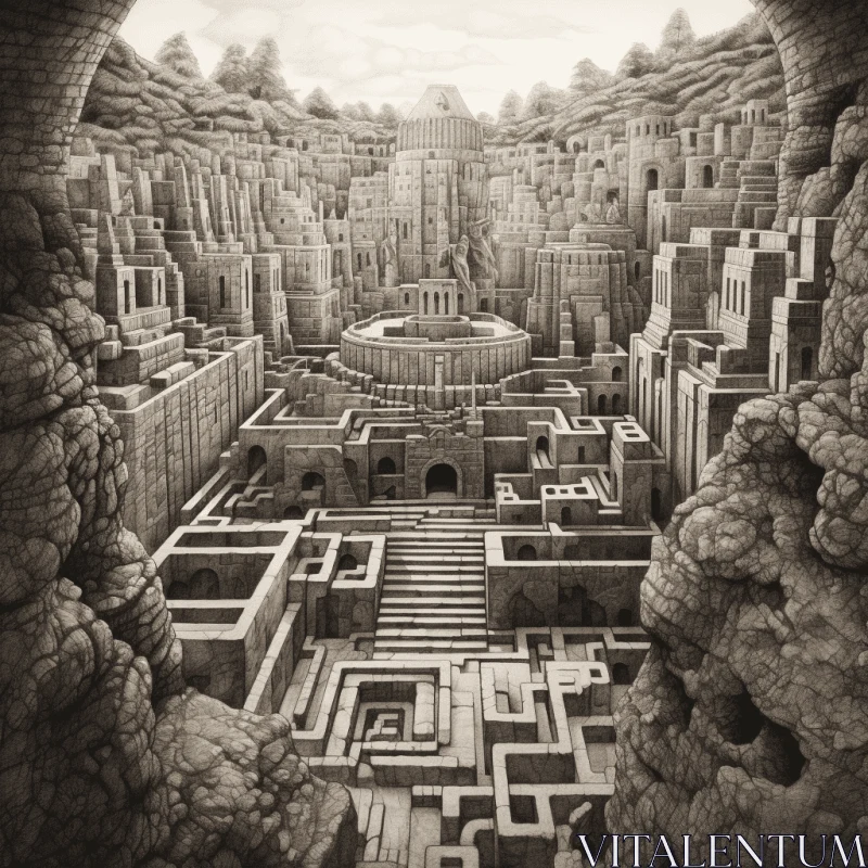 Intricate Monochrome Drawing of a Labyrinthine City AI Image