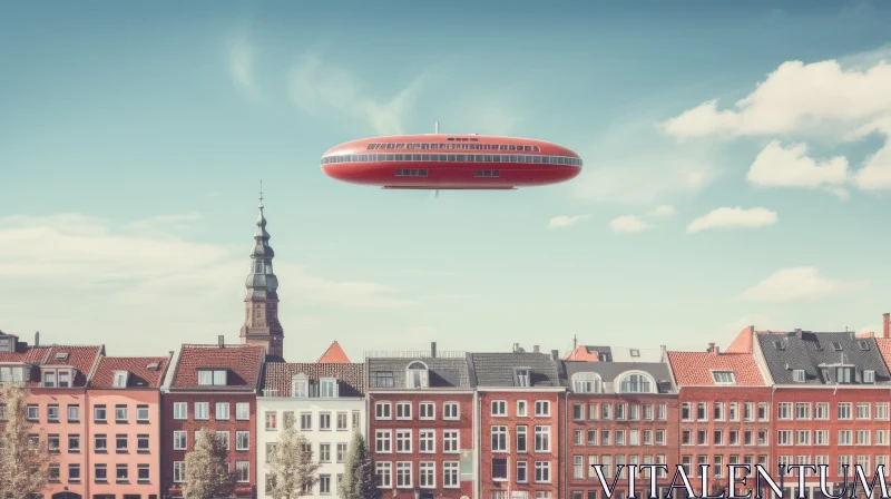 Retro Futuristic City with Red Flying Saucer AI Image