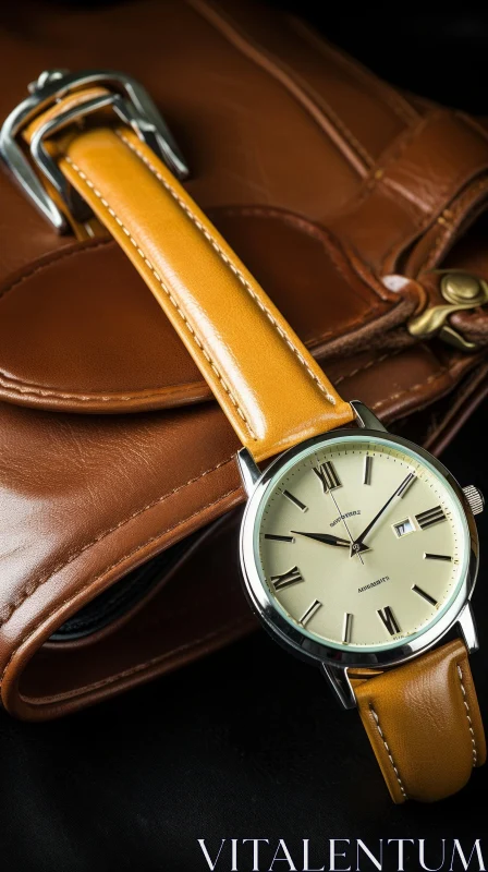 Brown Leather Wristwatch and Bag Composition AI Image