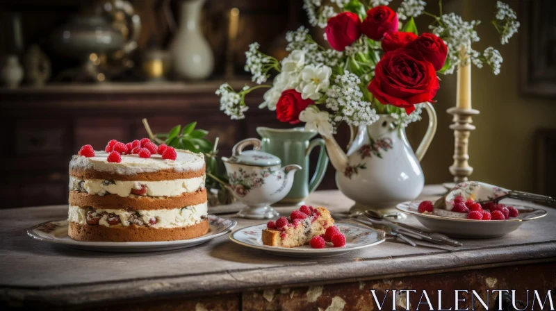 Delicious Cake with Raspberries on a Plate | Captivating Image AI Image