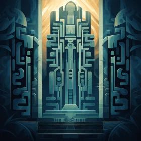 Entrance to a Mysterious Temple: Intricate Illustrations in Dark Teal and Light Bronze