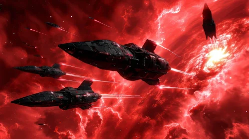Intense Space Battle in Red Nebula