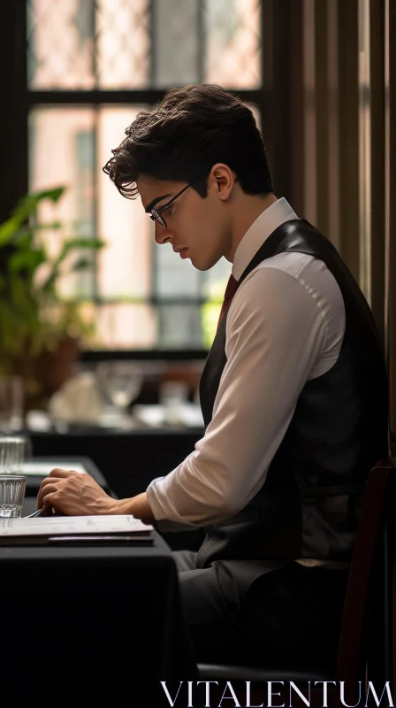 Young Man in Suit at Restaurant Table AI Image