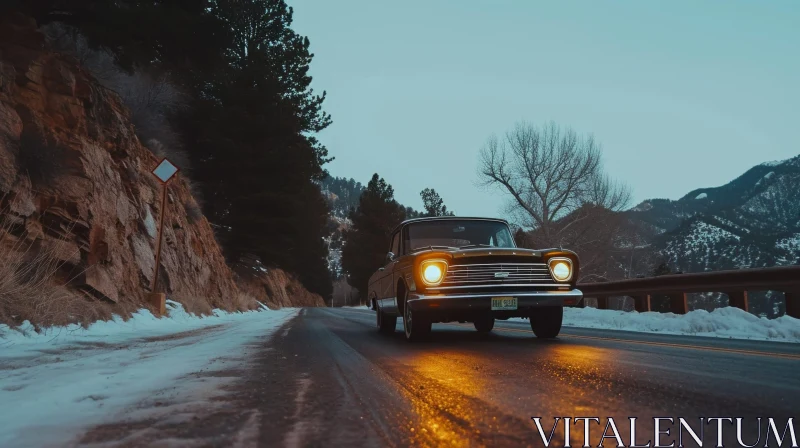 Classic Car Night Drive in Snowy Mountains AI Image