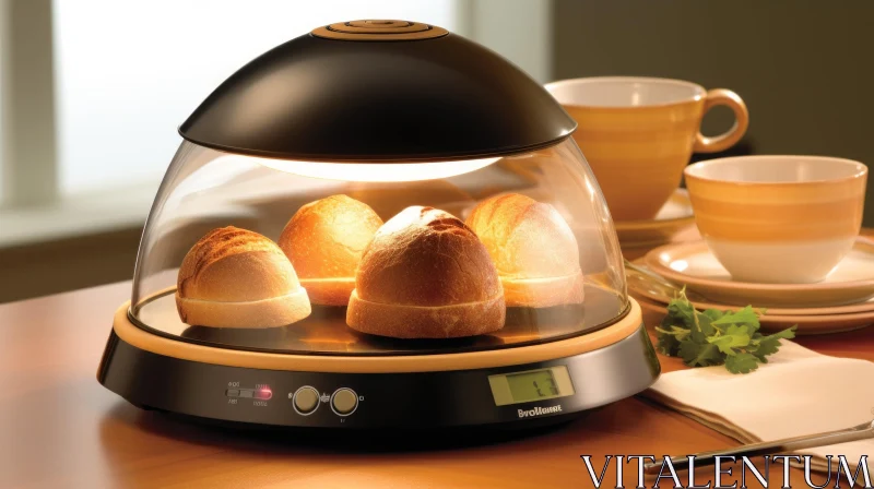 Contemporary Bread Maker with Open Lid and Freshly Baked Bread Rolls AI Image