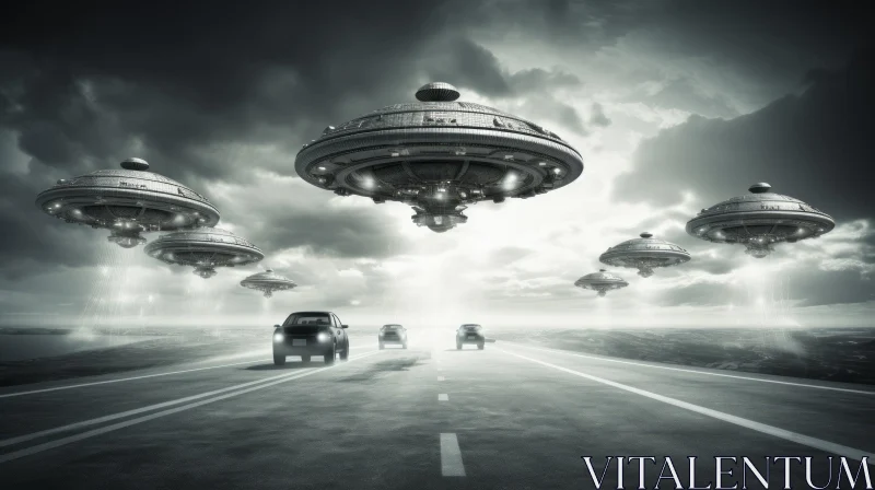 Enigmatic Encounter: UFOs Hovering Over Highway AI Image