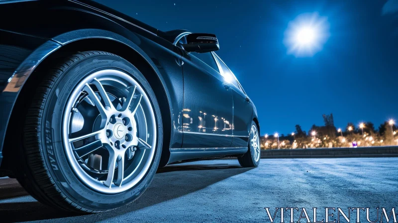 Moonlit Black Luxury Car on Asphalt Road AI Image