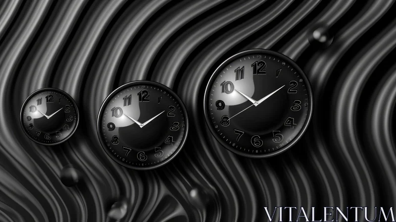 Black Clocks 3D Rendering on Wavy Background AI Image