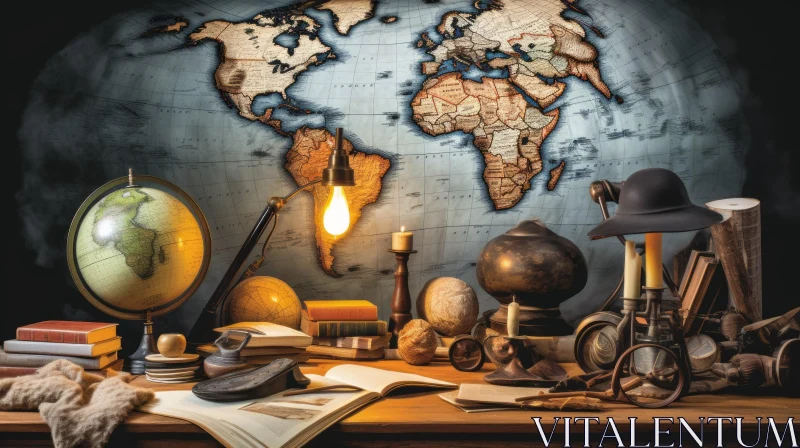Enigmatic Desk Still Life with World Map and Globe AI Image