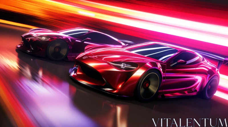 Futuristic Car Race - Speeding Red Cars in City Lights AI Image