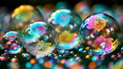 Iridescent Soap Bubbles Cluster on Reflective Surface