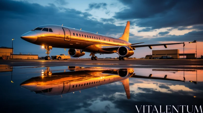 Luxurious Golden Private Jet at Sunset on Runway AI Image