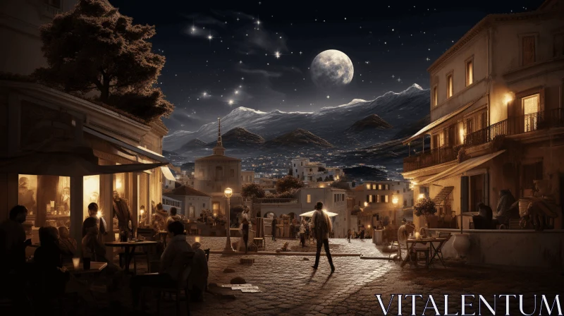 Nighttime Scene Outside a Town: Dreamlike Illusionism and Realistic Renderings AI Image