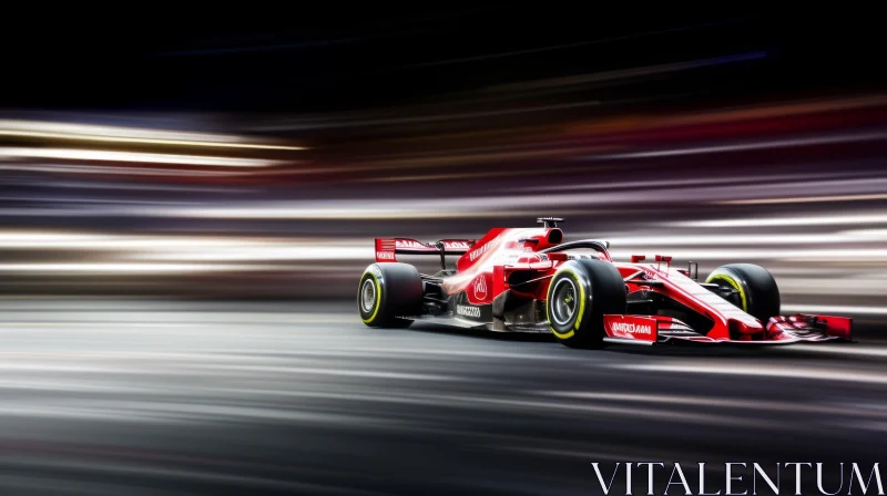 Red Formula 1 Race Car in Motion - Cityscape Background AI Image