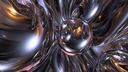 Chrome Sphere 3D Render on Reflective Surface