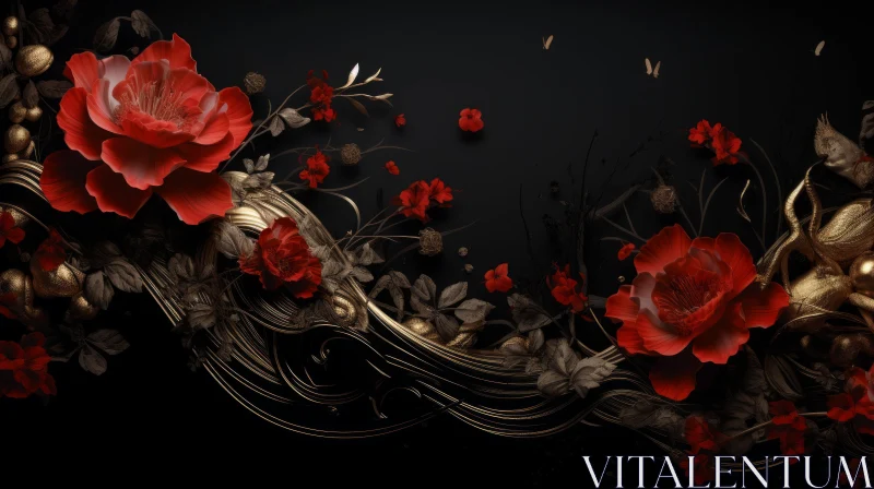 Dark Floral Red Roses and Gold Leaves Background AI Image
