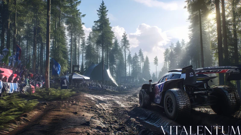 Rally Car Racing Through Enchanting Forest - Spectators Watch Adventure AI Image
