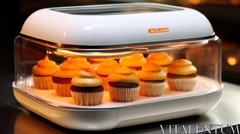 Warmly Lit Cupcakes in Food Incubator on Kitchen Countertop AI Image