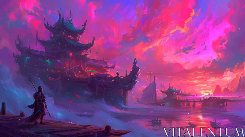 Chinese-Style Building Overlooking Calm Waters AI Image