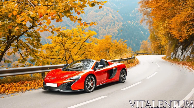Red Sports Car Driving on Autumn Mountain Road AI Image