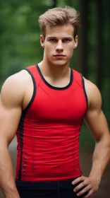 Young Male Athlete in Red Tank Top - Forest Scene