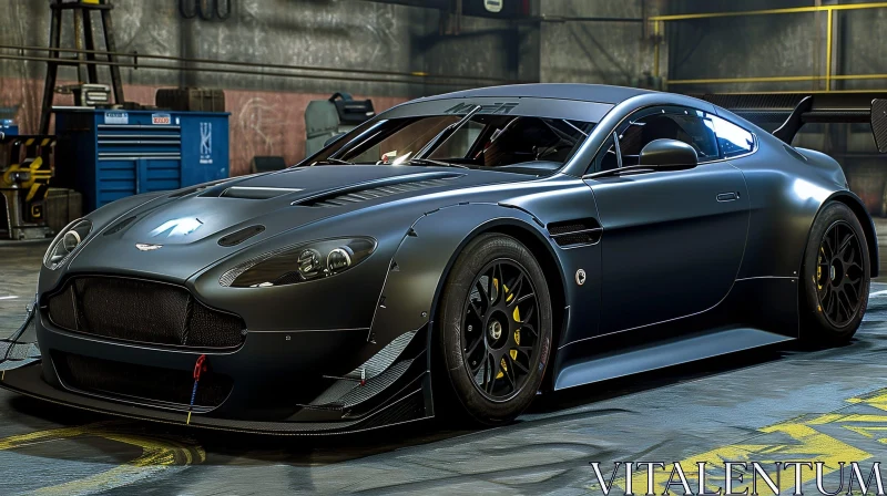Black Aston Martin V12 Vantage GT3 Race Car Workshop AI Image