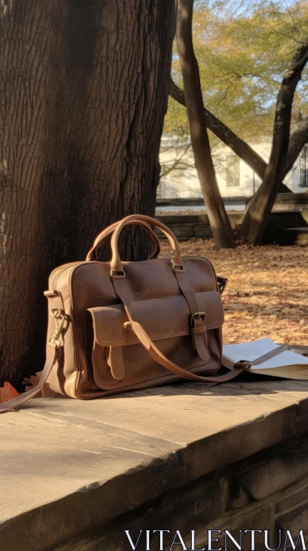 AI ART Brown Leather Bag in Autumn Park