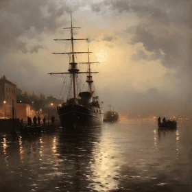 Captivating Painting of a Sailing Ship at Night | Atmospheric Cityscapes