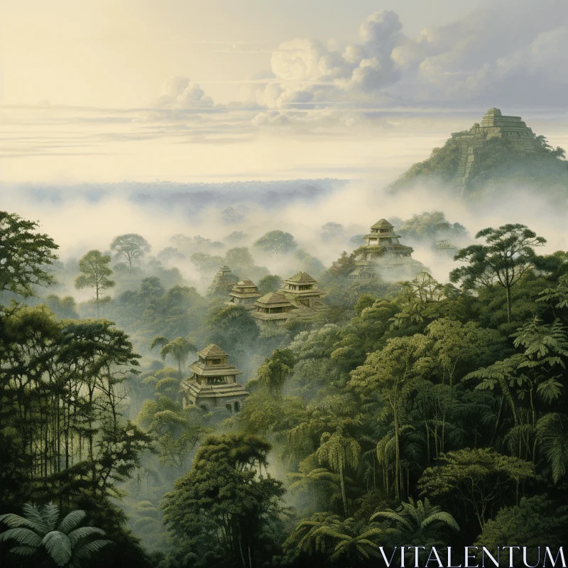 Captivating Village in Misty Jungle - A Blend of Precisionist Art and Historical Illustration AI Image