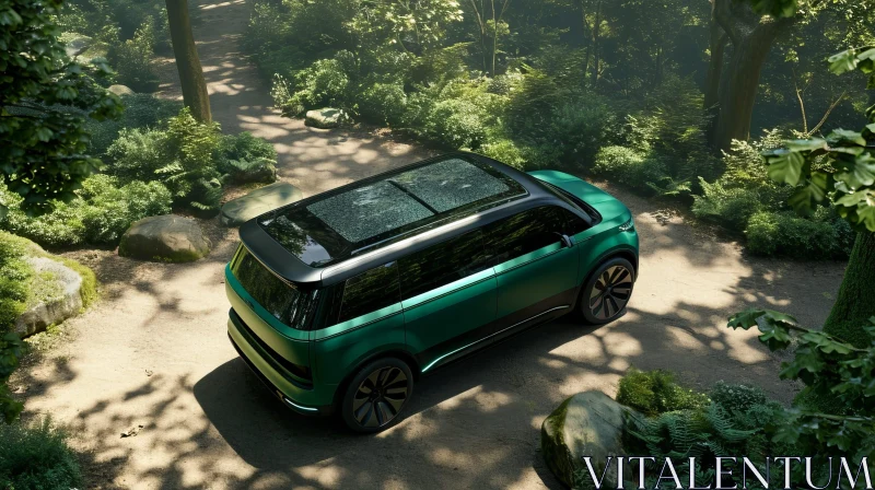 Green Car in Forest: Modern Design AI Image