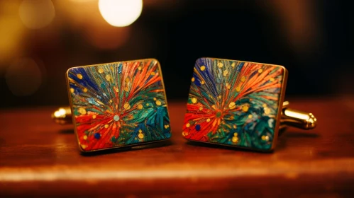 Unique Handmade Gold-Colored Cufflinks with Multicolored Firework Pattern