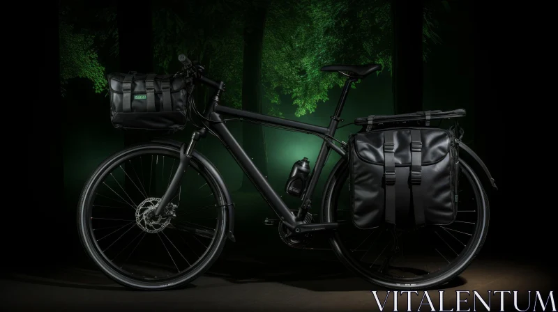 Black Bicycle with Panniers in Dark Forest AI Image