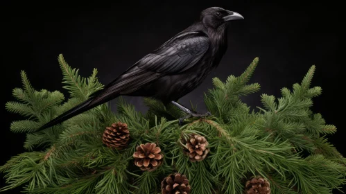 Close-up Photo of a Raven on Pine Branch