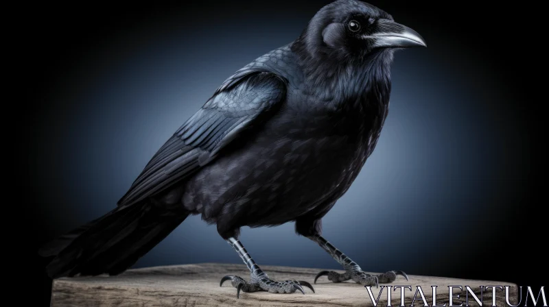 Black Crow on Wood - Dark Blue Background AI Image